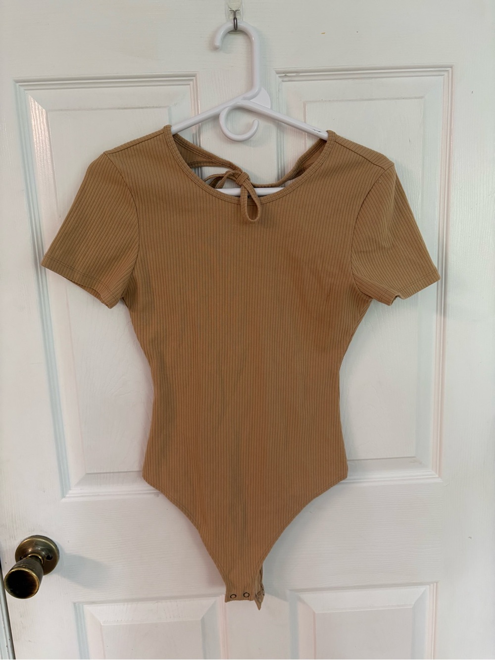 American Eagle Outfitters Ribbed Short Sleeve Bodysuit in Tan